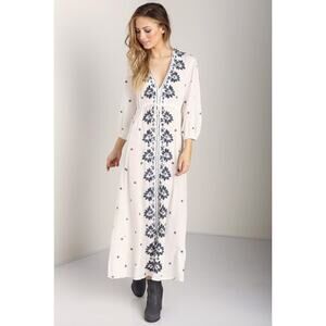 Free People Embroidered Midi Dress White Black V-Neckline 3/4 Sleeve Size S